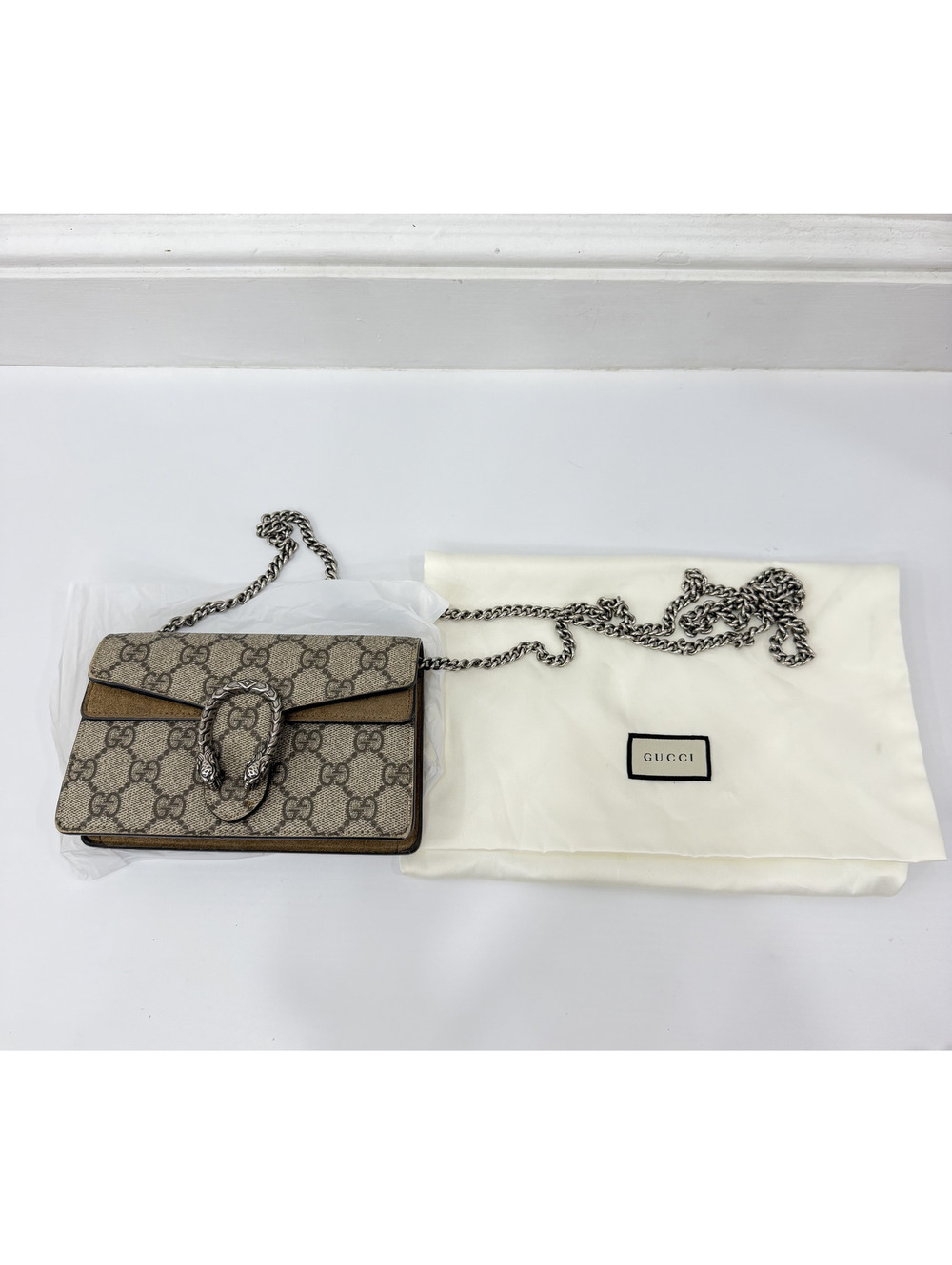 Authentic GUCCI GG Supreme Dionysus Chain Bag PVC Beige Silver 476432